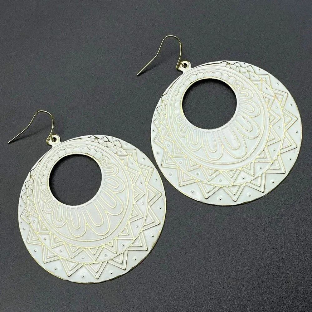 Yellow Gold with White Enamel Boho Aztec Pattern Round Dangling Hook Earrings